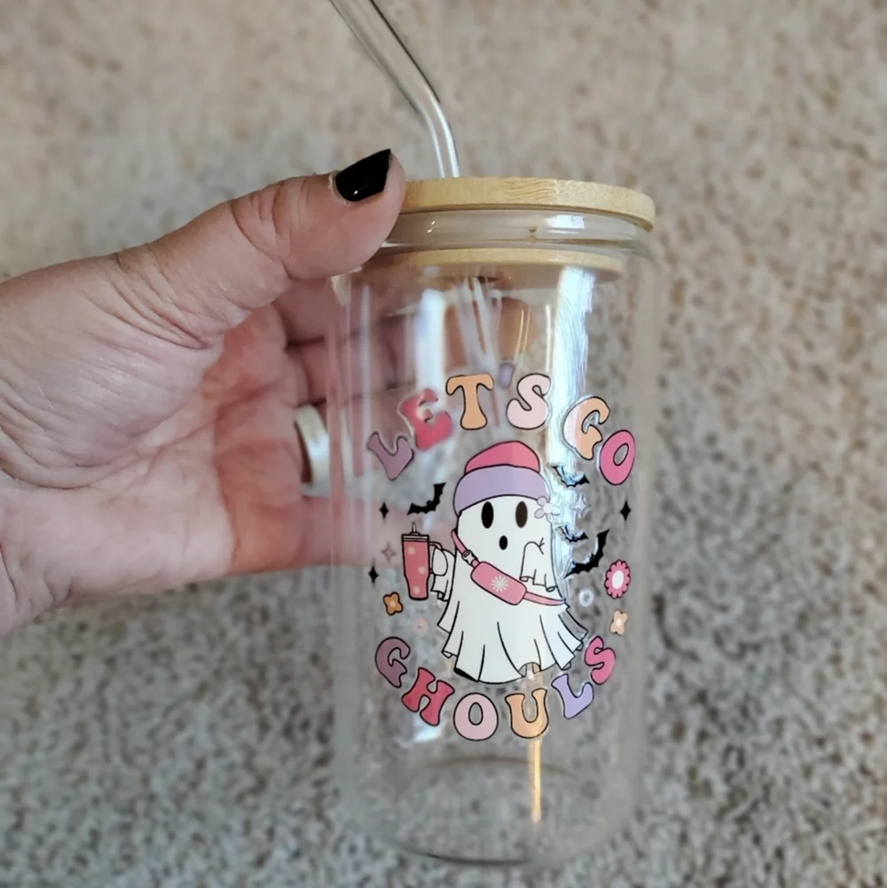 Let's Go Ghouls Halloween Glass Tumbler with Straw Brand New No Tags